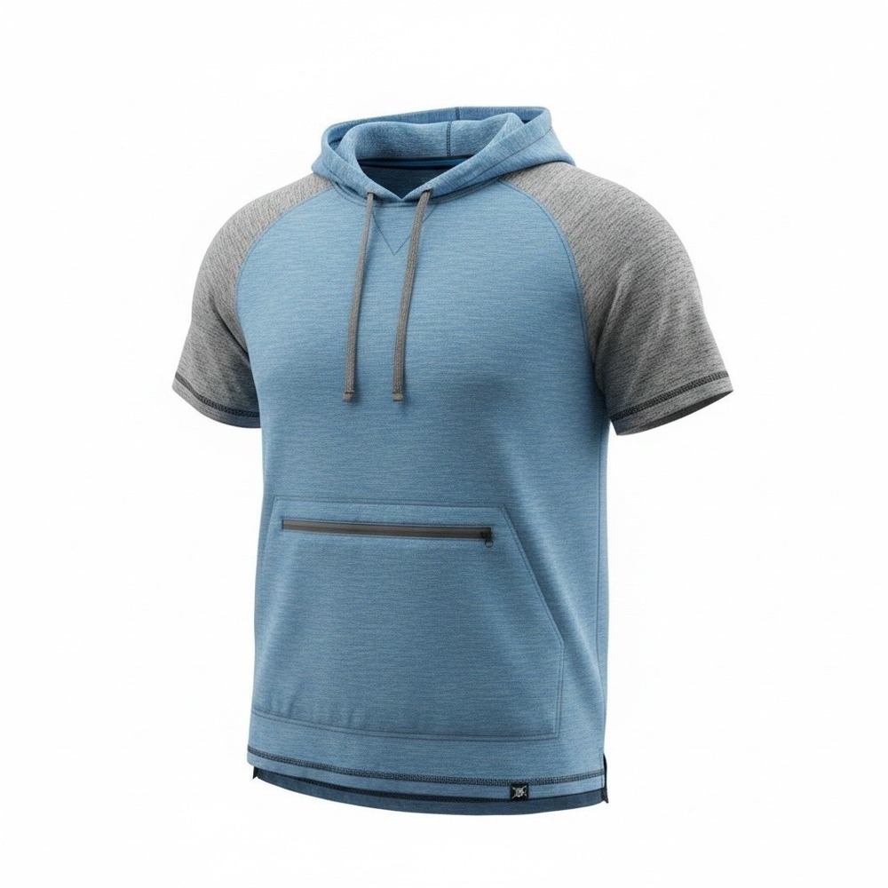 Raw Yarn Industries Hoodie Shirt Mens M Blue Gray Short Sleeve Pullover Pocket